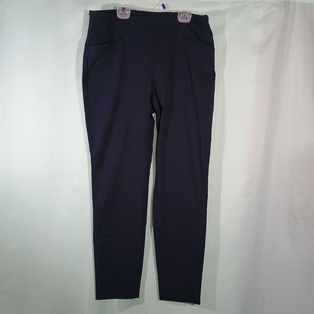Blue Pull On Pants Stretch Slim Fit Work Pants Elastic Waist Trousers